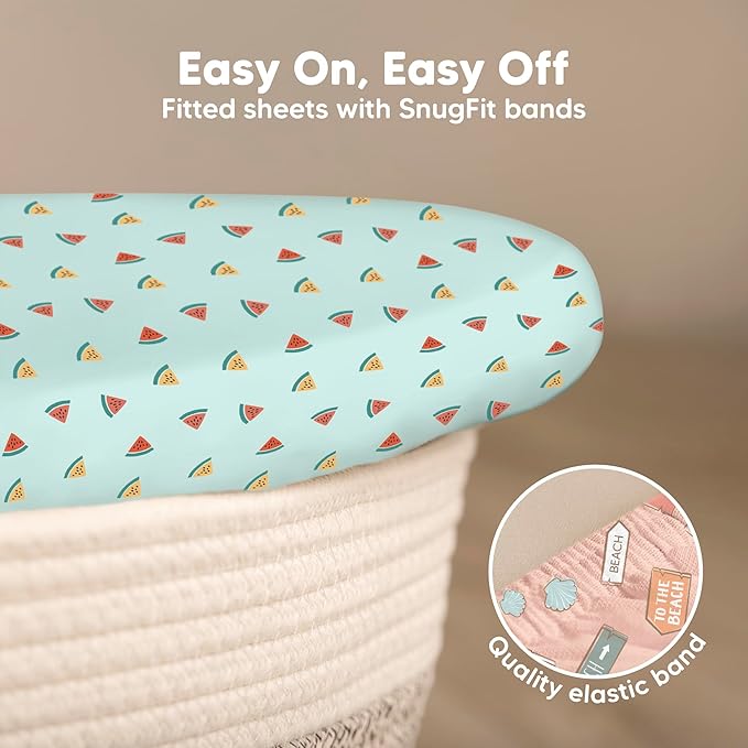 2-Pack Baby Bassinet Sheets Girl, Boy - 33x17 Viscose Derived from Bamboo Bedside Mattress Fitted Bassinet Sheets, Compatible with Halo Bassinest Swivel Sleeper, Baby Delight, Graco (Beach Day)