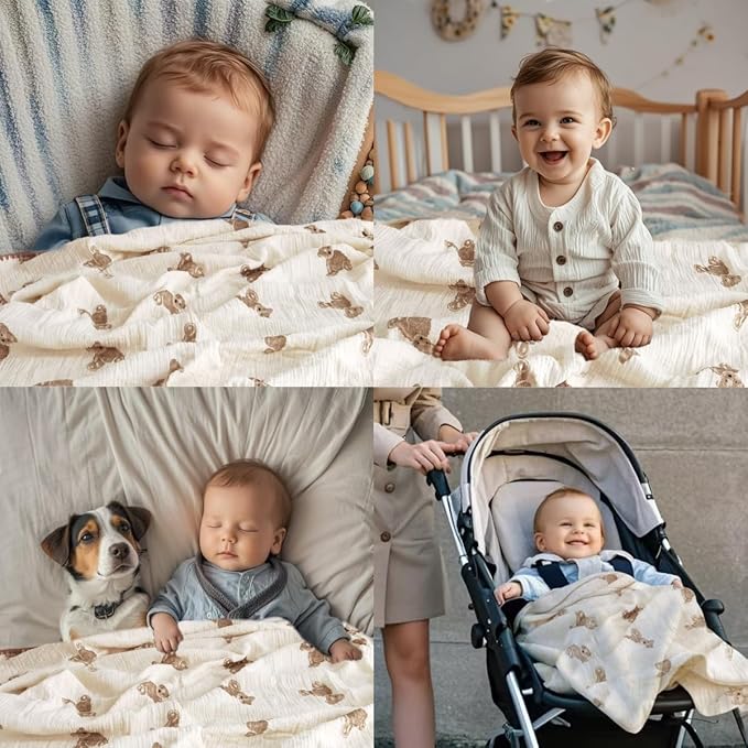 Baby Blanket Double Layer Cotton Muslin Thick Quilt Neutral 40x40Inch Soft Throw Blanket Bear Pattern