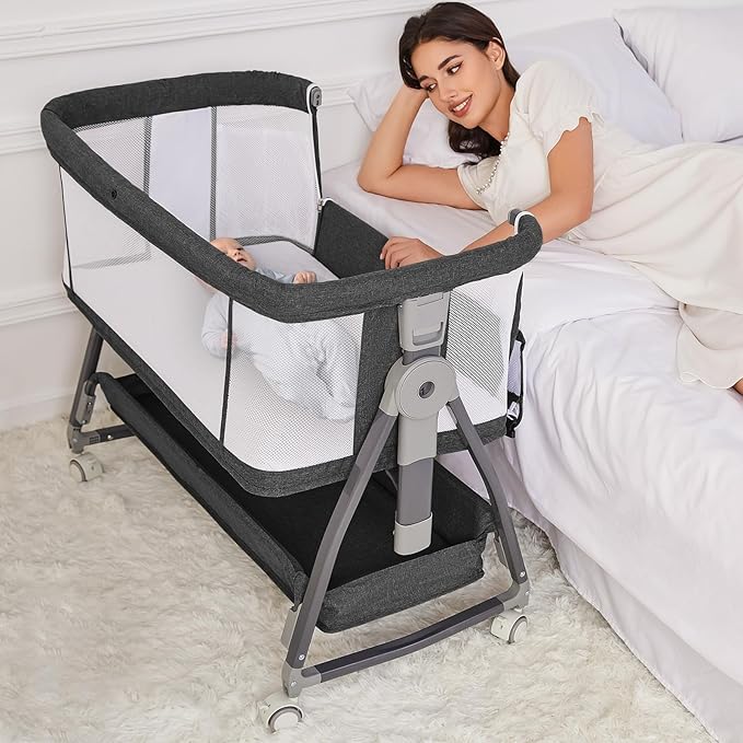Bedside Bassinet for Baby, Adjustable Newborn Bassinet with Wheels, Storage Basket, Mattress, Easy to Assemble & Portable Folding Baby Cradle (Black)
