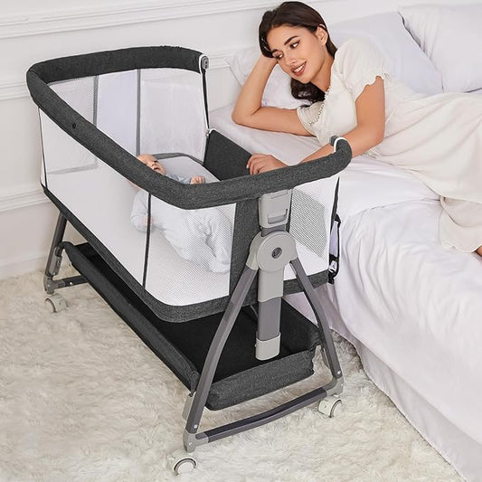 Bedside Bassinet for Baby, Adjustable Newborn Bassinet with Wheels, Storage Basket, Mattress, Easy to Assemble & Portable Folding Baby Cradle (Black)
