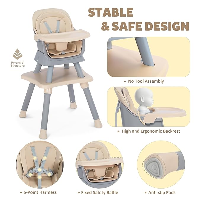 Baby High Chair, 8 in 1 Convertible Highchairs for Babies and Toddlers, Children Dining Booster Seat/Kids Building Block Table for Girls Boys, Baby Seat with Removable Tray, Khaki