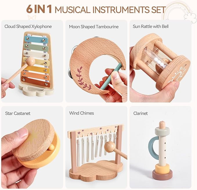 Promise Babe Wooden Xylophone Musical Instrument Sets Toy for Kids, Rattle Bell Montessori Cloud Toddler Music Percussion Toys, Christmas Birthday Gifts for Boys Girls 3 Year+