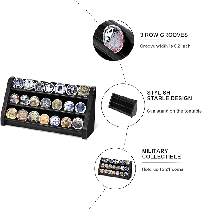 3 Rows Military Challenge Coin Display Case Wall Mount Wooden Army Coin Holder Stand Rack, Holds 21-24 Coins, Black