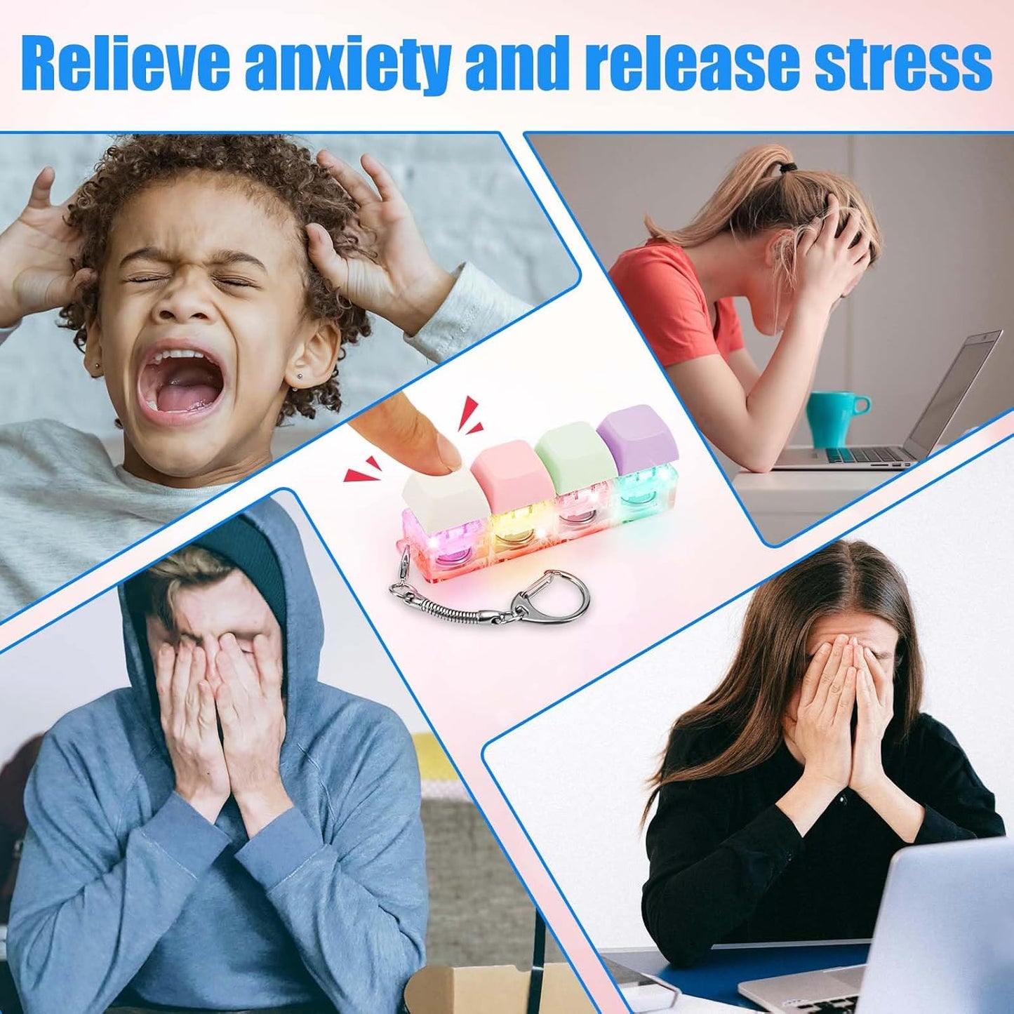 Keyboard Fidget Toy for Adults, Fidget Keyboard Keychain with LED Light Keyboard Fidget Clicker Funny Button Fidget Toy for Decompression Decoration (Color B)