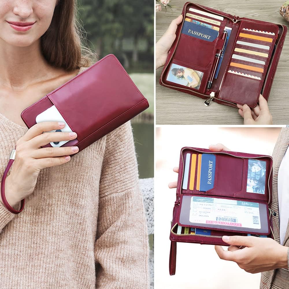 CONTACTS Travel Passport Wallet for 4 Women Leather Passport Holder RFID Blocking Card Organizer Large Capacity Wristlet Clutch Purse Red with 13 Card Slot