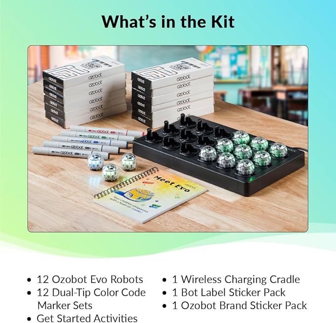 Ozobot Evo Classroom Kit (12 Bots): Interactive Coding Robot, Kids Ages 5+, Includes 12 Evo Robots, Color Code Markers, Charging Cradle, Bot Stickers, Access to 700+ STEAM Lessons, Educators & Parents