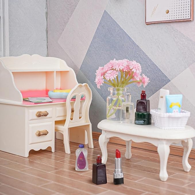 74Pcs Dollhouse Acessories Furniture Mini Cabinet with Drawers Case Handbag Towel Cosmetic Set Bathroom Toothbrush Shampoo Hair Dryer Comb Purse Decor DIY Doll Backpack Girl Micro Scene Makeup