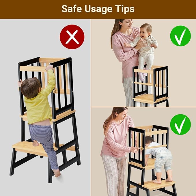 COSYLAND Toddler Kitchen Stool Helper – Stable A-Frame Design Kids Kitchen Step Stool with Protective Crossbar – Wooden Toddler Standing Tower for Learning in Bathroom (Black & Natural)