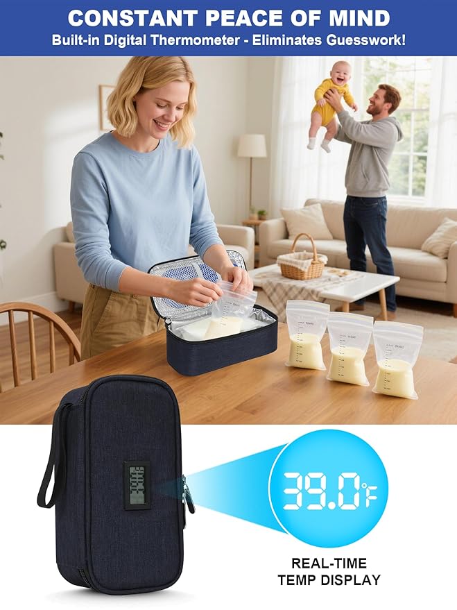 YOUSHARES Breastmilk Cooler Travel Bag with Digital Thermometer, Small Insulated Baby Milk Storage with 2 Ice Packs, Daycare and On-The-Go Moms （Navy）