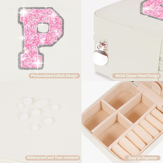 Travel Jewelry Case - Personalized Jewelry Box for Women,Small Jewelry Organizer Cute Jewelry Organizers and Storage Aesthetic,Travel Essentials Birthday Gifts for Girls Women | Cream,P