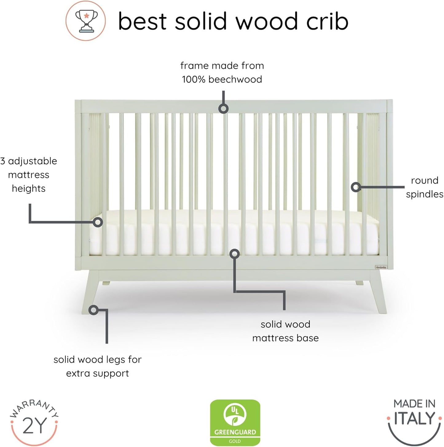 dadada Baby Soho 3-in-1 Convertible Wooden Crib to Toddler Bed - Made in Italy, GREENGUARD Gold Certified, Baby-Safe Finish, Sustainable Beech Wood, Modern Design, 3 Adjustable Heights (Sage)