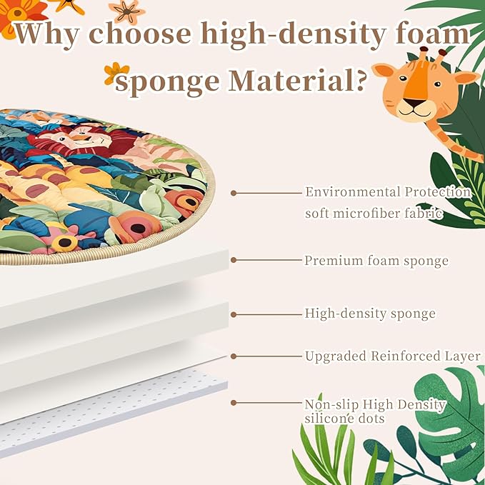 Baby Play Mat Round for Floor, GFU Non-Slip 40x40 Round Mat, Thick One-Piece Crawling Mat Animals, Infants Playmat Foldable and Machine Washable for Boys and Girls