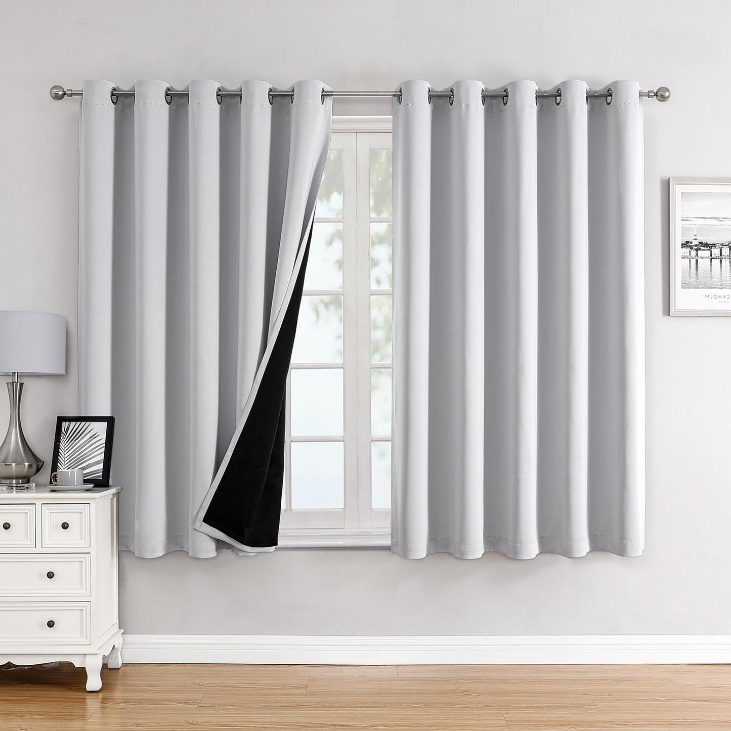 ChrisDowa 100% Blackout Curtains 63 inch Long for Bedroom with Black Liner, Extra Wide 2 Layers Total Blackout Thermal Insulated Grommet Window Curtains 2 Panels Set (Greyish White, 60 x 63 Inch)
