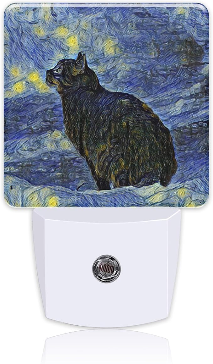 Plug in Night Lights Starry Sky Black cat Painting Nightlight Plug Into Wall Dusk to Dawn Sensor LED Night Light for Kid Girls Boys Room Decor, Hallway, Kitchen, Bathroom, Nursery, Stairs