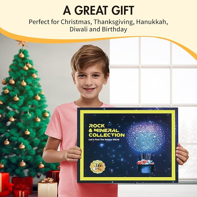 Rock Collection for Kids - 36pc Cool Rocks and Gems Stones Crystals Kit - Rocks and Minerals Science Kit with Leaning Guide - Earth Science Activity Kit - Rock Collection Box for Kids