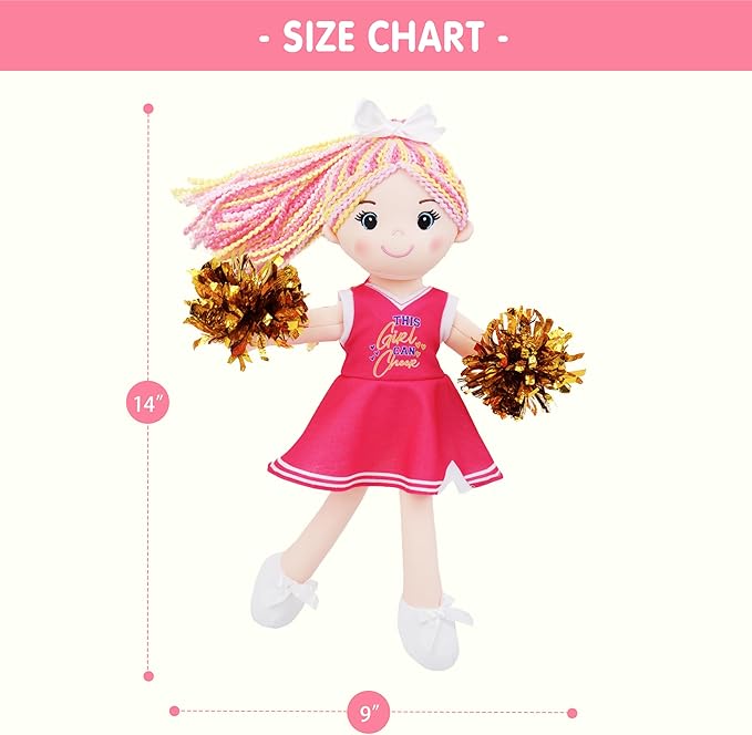 June Garden 14" Snuggle Cuties Cheerleader Sophie - Soft Cuddly Plush Doll Gift for Girls - Huggable Rag Doll - Pink M