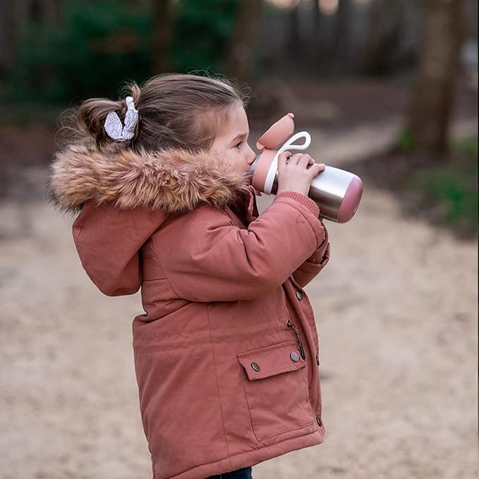 BEABA Kids Stainless Steel Insulated Water Bottle, Kids Water Bottle, Toddler Thermos with Spill Proof Spout and Close Top, Perfect for Travel, (Rose)
