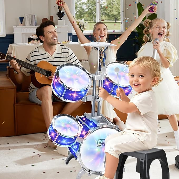 Upgraded Kids Drum Set for Toddlers w/ Light (All Plastic), Musical Gifts Toys for Boys Girls, Kids Jazz Drum Kit for Beginner Music Practice, Christmas Birthday Gift