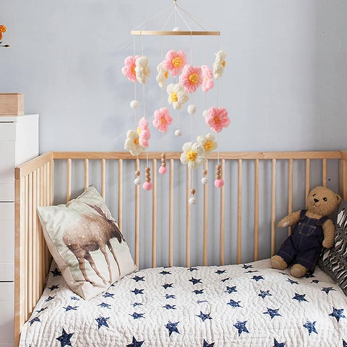 Baby Crib Mobile, Pink and White Flower Mobile for Boys and Girls, Baby Mobile for Bassinet, Baby Bedroom Hanging Nursery Decor Gift Set