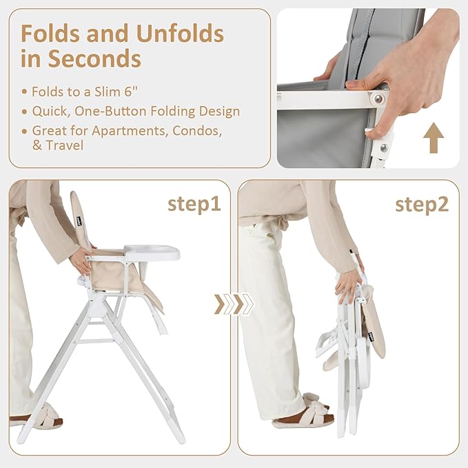 INFANS Baby High Chair, Quick Folding Portable Highchair for Babies and Toddlers with Adjustable Footrest Removable Dishwasher Tray PU Seat, Compact Highchairs for Baby Age 6-36 Months (Beige)