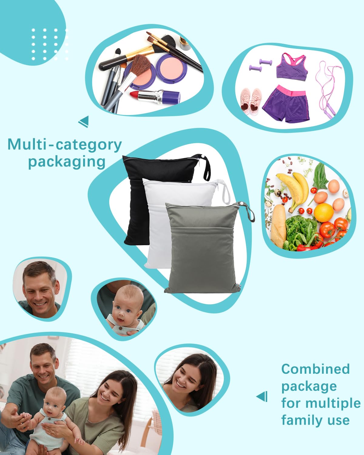 babygoal Wet Dry Bags 3 Pack, Waterproof Reusable Travel Bags for Swimsuits, Baby Cloth Diapers, Beach, Pool, Gym Bag & Wet Clothes with 2 Pockets L-BWG