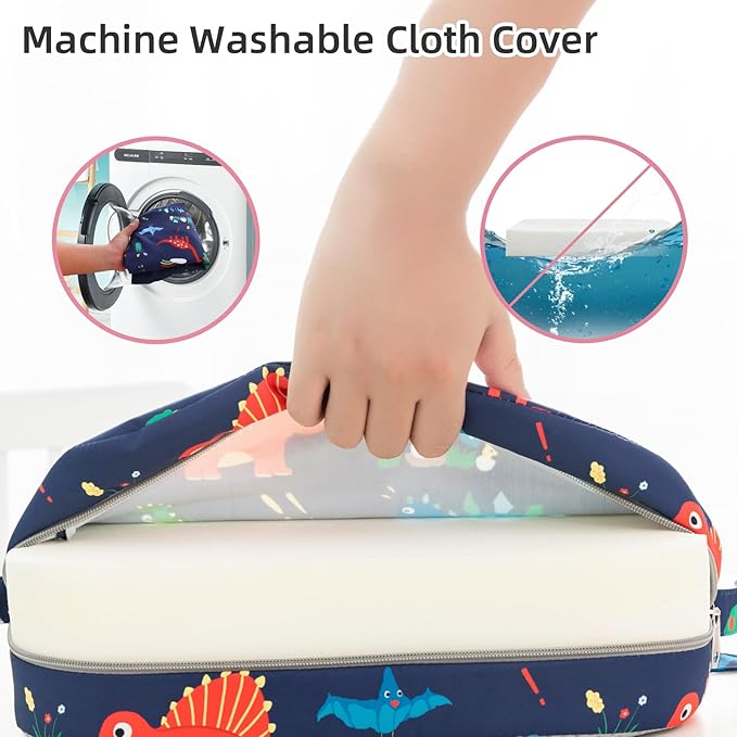 Toddler Booster Seat for Dining Table, Portable Kids Booster Seat with Safety Buckles Portable Increasing Booster Cushion with Non-Slip Bottom (Blue Dinosaur)