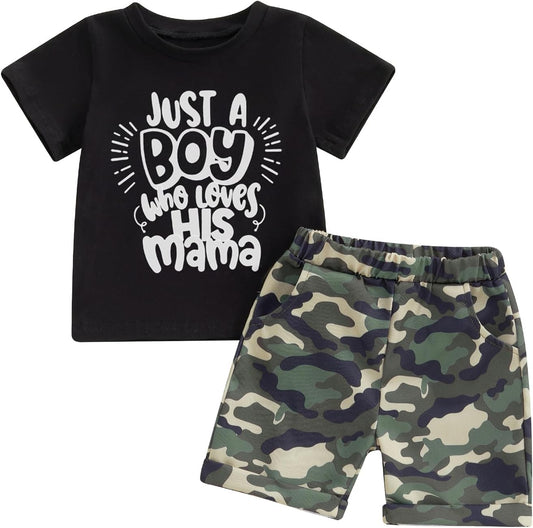 wdehow Toddler Kids Baby Boy Summer Clothes Sets 1T 2T 3T 4T 5T Letter Print Short Sleeve Tops Camouflage Shorts Outfits
