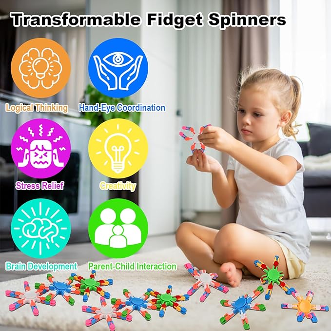 GOLDGE 28Pcs Transformable Fidget Spinners – Deformable Chain DIY Robot Toys, Stress Relief Sensory Gyro for Kids & Adults, Perfect Easter Basket Stuffers & Stocking Fillers