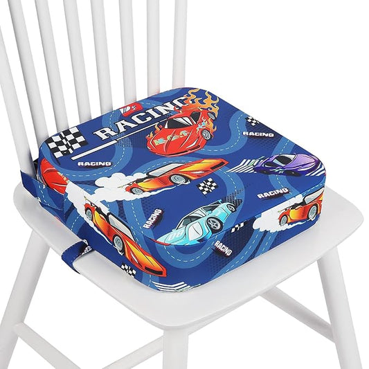 Toddler Booster Seat for Dining Table, Kids Booster Seat for Kitchen Chair with Non-Slip Bottom, Portable Detachable Washable Increasing Cushion with 2 Adjustable Straps (Racing car)
