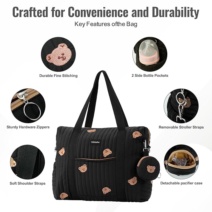 Large Diaper Bag Tote, Maternity Hospital Travel diaper tote, Multifunction baby bag, Baby Nappy Bags, Messenger bag (Medium - Black Bears)