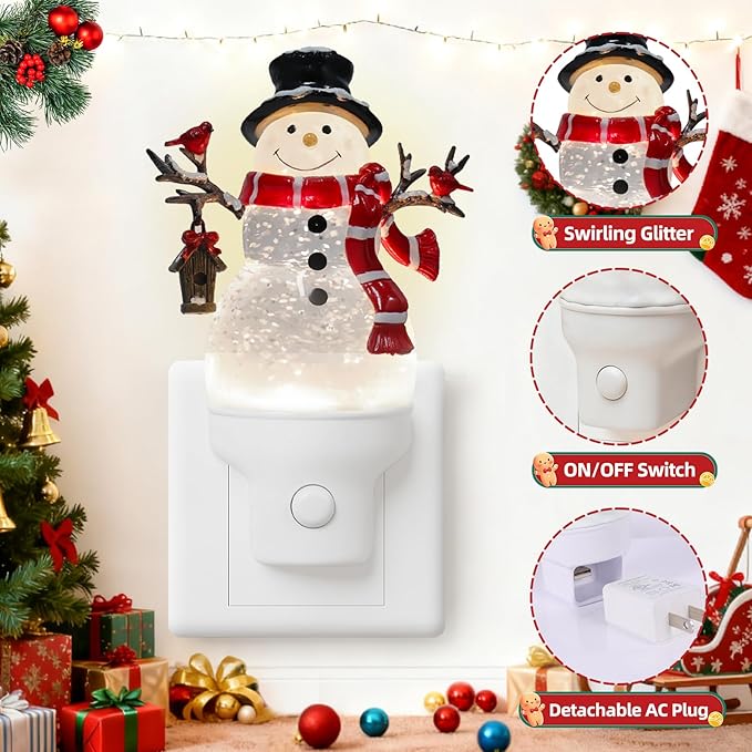 Christmas Snowman Night Light Plug into Wall Water Swirling Glitter USB Portable Christmas Decorative Night Light Decoration for Kids Adults Bedroom Kitchen Living Room Holiday Decor (Snowman)