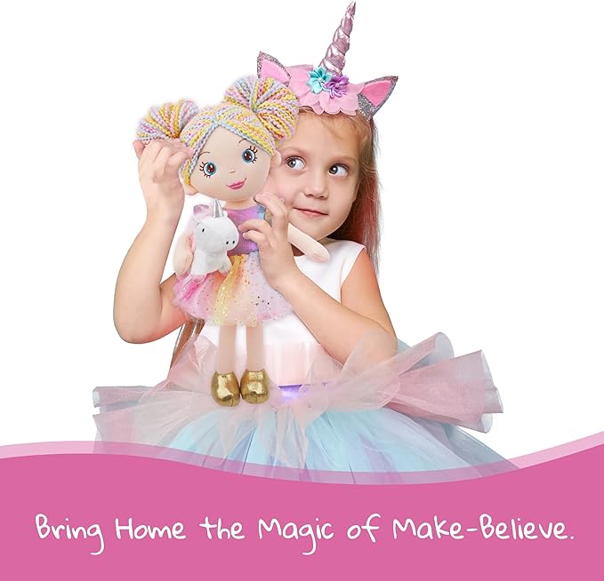 June Garden 15" Playmate Buddies - Plush Doll Zoey with Her Stuffed Animal Companion Unicorn Sparkle for Kids 1 Year and Up