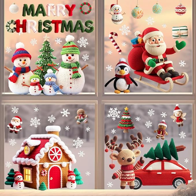 Christmas Window Stickers Easy Apply Fun Christmas Window Clings Decor Set-Vibrant Santa,Woolen Tree Car House,Reindeer & Snowman Static Decals-Removable - Safe for Home, Office, School Indoor Use