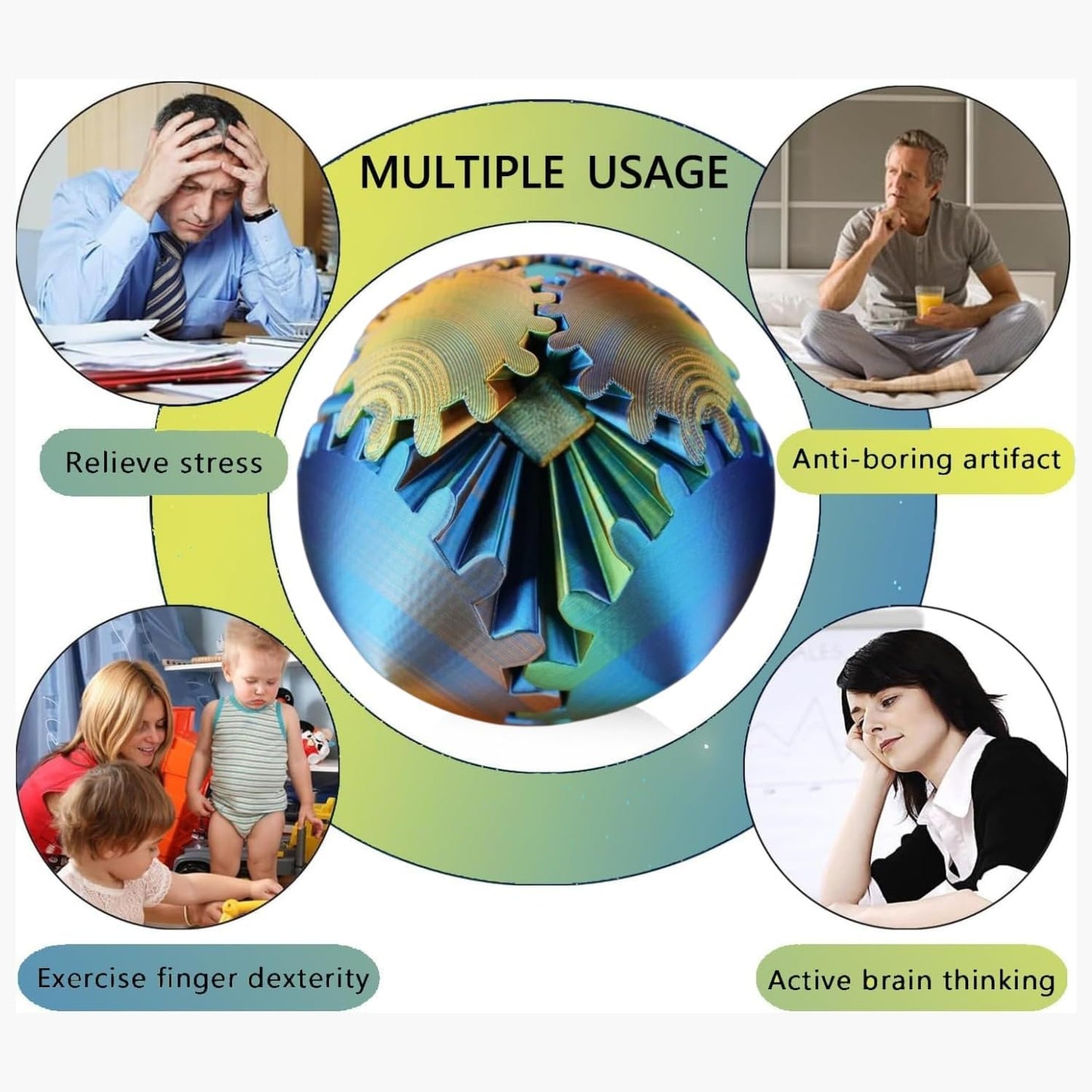 Gear Ball, 4.2in 3D Printed Gear Ball Spin Ball Cube Fidget Toys, Gear Sphere, Gear Balls Fidget Toy, Stress Ball, GearSphere Desk Toy, Fidget Balls, Gear Toy for Anxiety Relaxing (Laser Blue Gold)