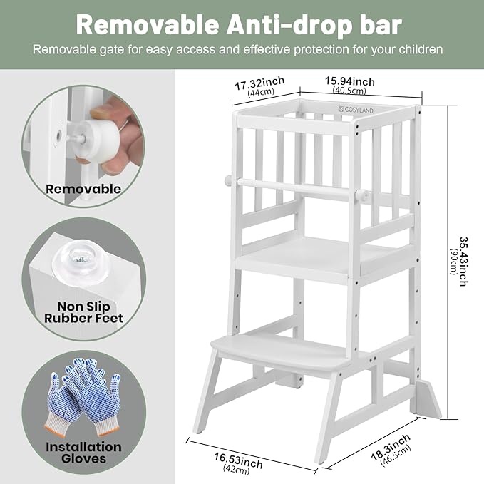 COSYLAND Kids Kitchen Step Stool, Height Adjustable Toddler Standing Tower Nursery Helper with CPC & FSC Certification, Removable Safety Railing Enjoys Exclusive Paten，White