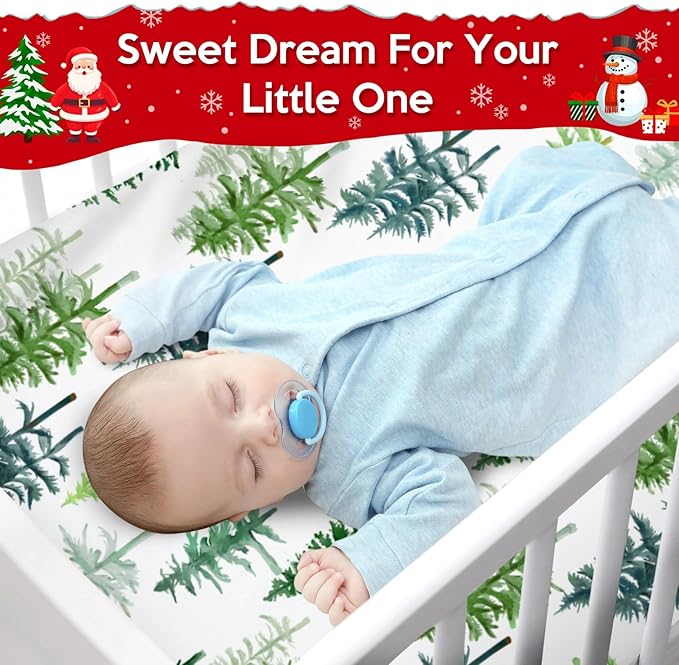 Watercolor Pine Trees Baby Crib Sheets 52''x28'' Winter Green Pines Snug Fitted Crib Mattress Cover for Boy Girl Soft Nursery Baby Bed Sheets for Standard Crib and Toddler Mattresses