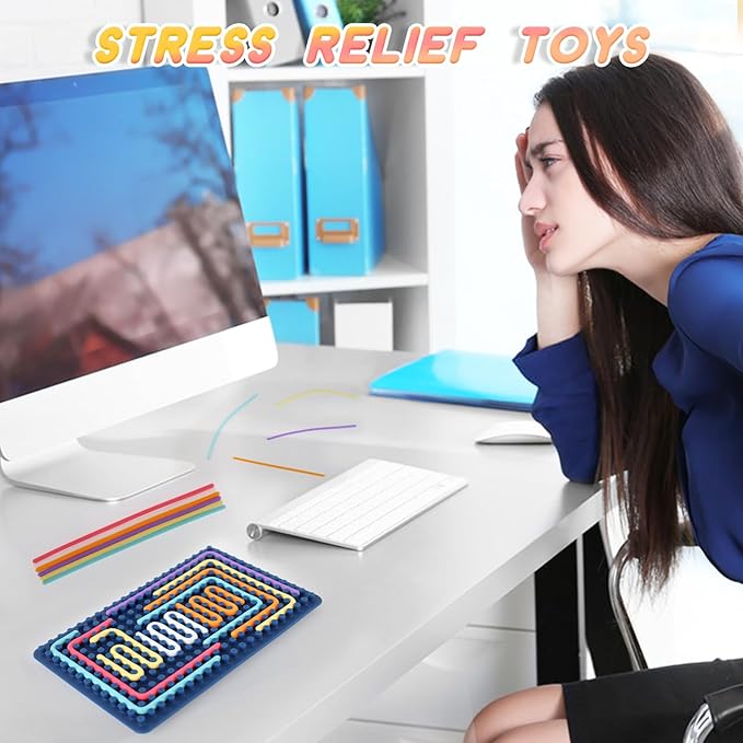 Sensory Activity Board, Silicone Fidget Toy for Stress Relief, Calming, Focus, ADHD and Autism, 6 Colors Sensory Toys Game Controller for Kids 2+ & Adults with 20 Strings (Navy Blue)