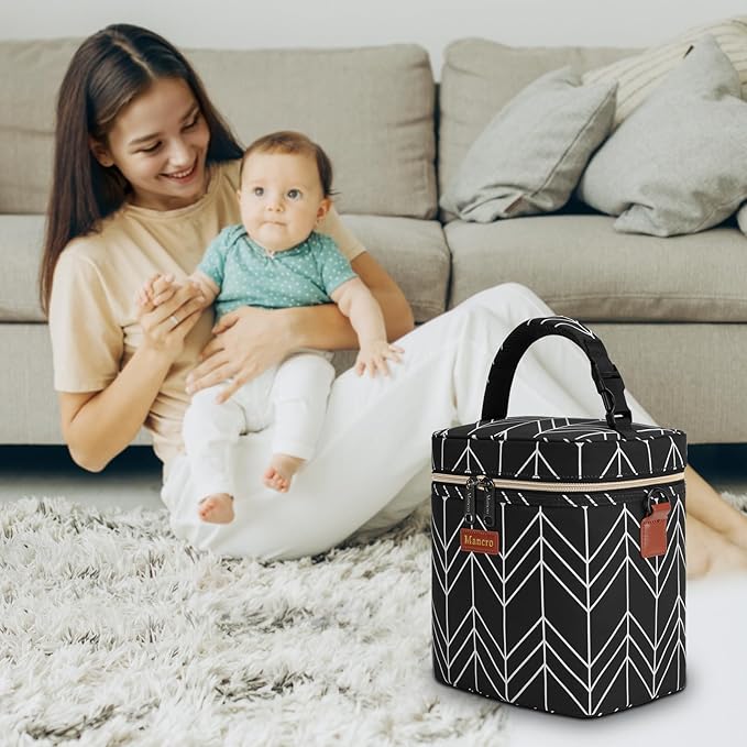 Mancro Breastmilk Cooler Bag Travel, Insulated Baby Bottle Bag with Ice Pack, Fits 4 Baby Bottles Up to 9 Ounce,Leak-Proof & Durable, Black Wave