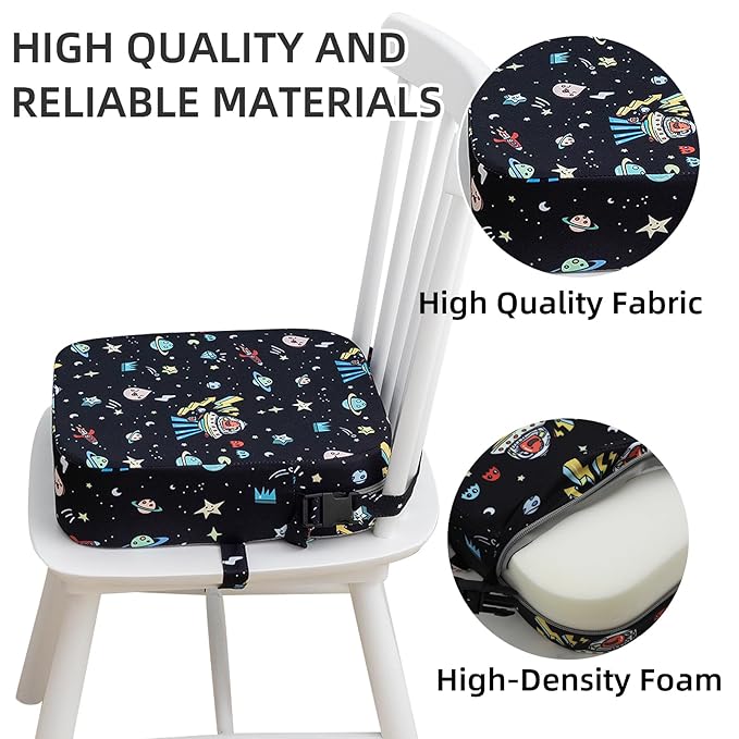 Toddler Booster Seat for Dining Table, Portable Kids Booster Seat with Safety Buckles Portable Increasing Booster Cushion with Non-Slip Bottom (Black Astronaut)