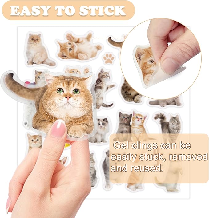 20 Pcs Cat Thick Gel Clings Kitten Window Gel Clings Decals Stickers for Kids Toddlers and Adults Cute Reusable Window Clings for Home Airplane Classroom Nursery Cat Party Supplies Decorations