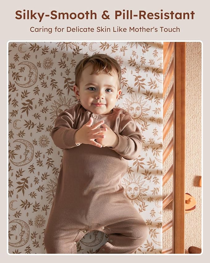 Pack and Play Sheets Fitted 3 Pack, Mini Crib Sheets for Pack N Play Mattress Stretchy Portable Playard Sheets, Soft Breathable White Brown Sun God