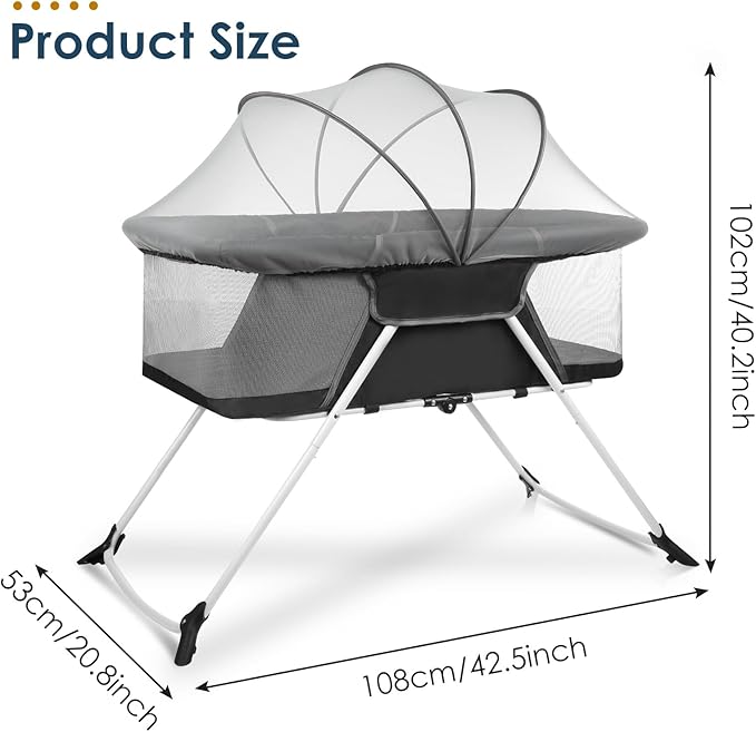 Portable Baby Playard - Foldable Baby Bassinet, Lightweight Playpen with Mosquito Net, 42.5 x 40.2 x 20.8 inches, Black