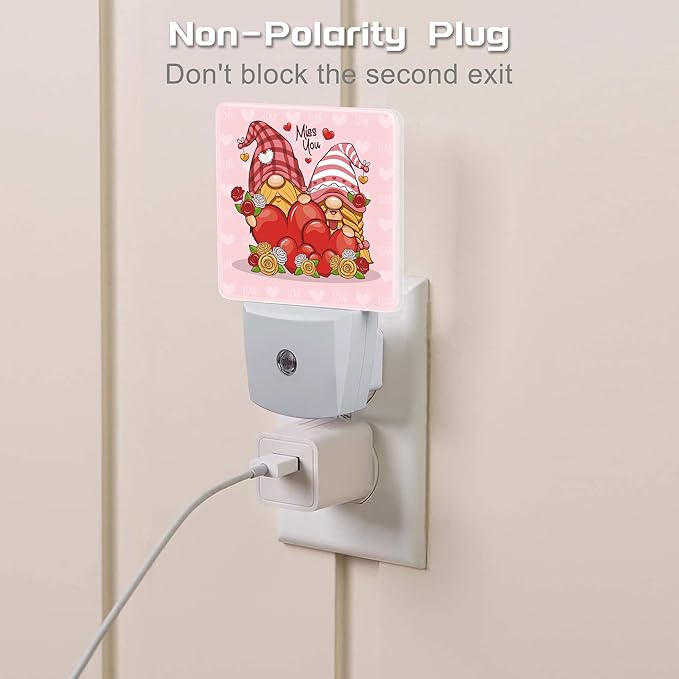 Valentine's Day Gnome Couple Night Light for Kids, Gnomes with Love Red Hearts Night Light Plug in with Dusk to Dawn Sensor,0.5w Energy Saving Nightlight for Hallway Stairway Kitchen Bedroom