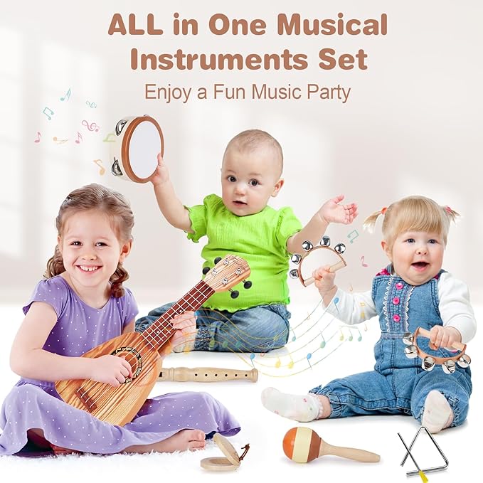 Kids Guitar Set - Musical Toys for 2 3 Year Old Boy Birthday Gifts, Montessori Toys for 2 Year Old Girls, Musical Instruments with Ukulele/Tambourine/Maracas for Toddler 2-4, Band Sets for Kids 3-5