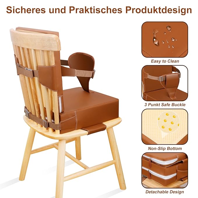 Toddler Booster Seat for Dining Table Kitchen Chair, Waterproof Non-Slip with Backrest & Adjustable Straps, Portable PU Travel Baby Kids Booster Seat Cushion