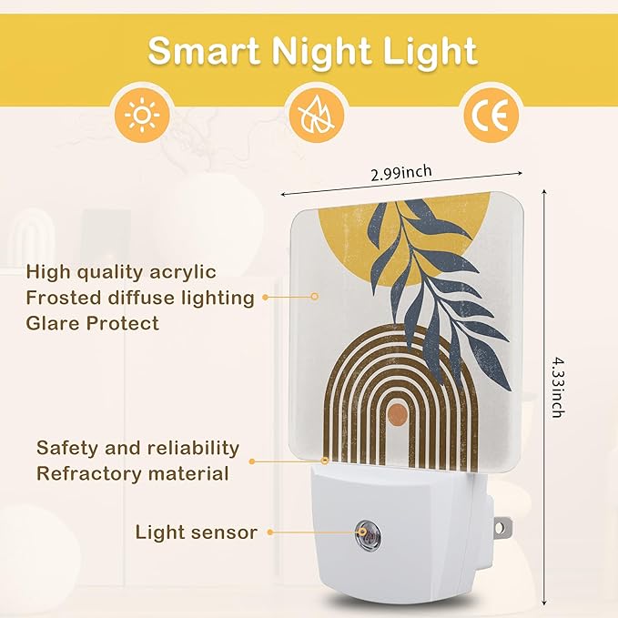 Boho Sun Leaves Night Light,Plug in Night Light, Dusk to Dawn Sensor Nightlights for Stairway/Hallway/Kitchen/Bedroom/Bathroom 0.5W