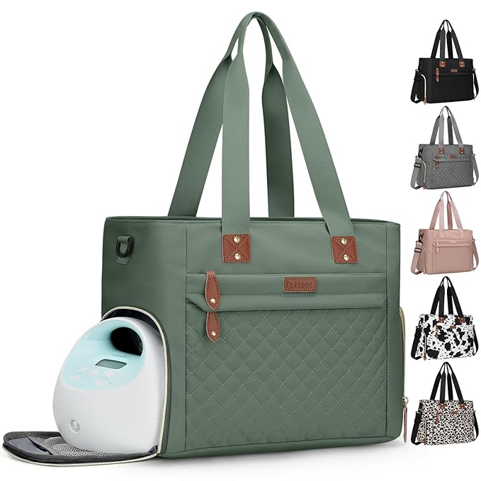 Diaper Bag Tote for Working Mom, Large Travel Diaper Tote for Mom and Dad with 14 Inch Laptop Sleeve, Mommy Maternity Travel Baby Bag for Boys and Girls, Green