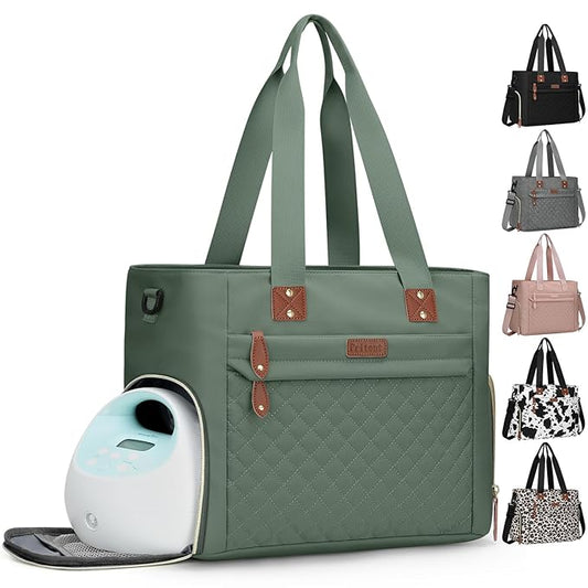 Diaper Bag Tote for Working Mom, Large Travel Diaper Tote for Mom and Dad with 14 Inch Laptop Sleeve, Mommy Maternity Travel Baby Bag for Boys and Girls, Green