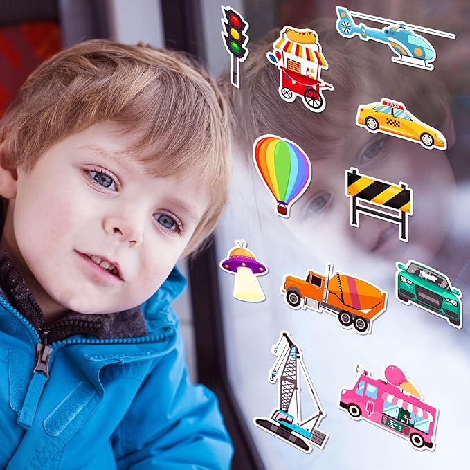 Window Clings Stickers for Kids Window Gel Clings Decals Thick Gel Clings Toddlers and Adults Classroom Home Nursery Airplane Birthday Party Supplies (City Transportation)