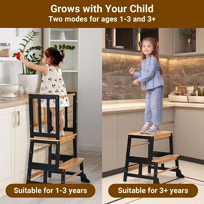 COSYLAND Kids Kitchen Step Stool Helper - Wooden Standing Tower for Kids with Anti-Tip Support Legs - Mothers' Helper Kids Learning Stool for Kitchen Counter (Black & Natural)